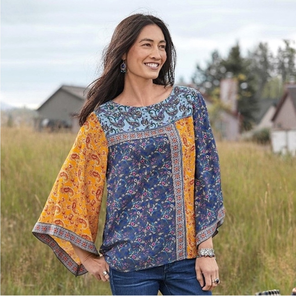 Sundance Paisley And Floral Patchwork Medley Bell Sleeve Blouse, Nwot, L